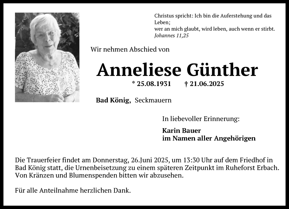  Traueranzeige für Anneliese Günther vom 25.06.2025 aus Odenwälder Echo