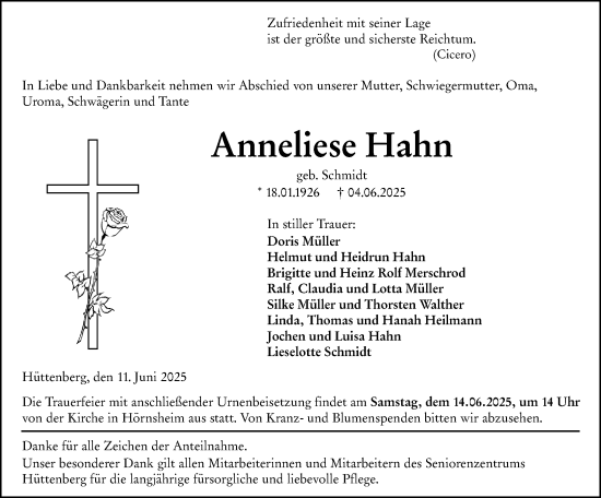 Traueranzeige von Anneliese Hahn von Wetzlarer Neue Zeitung
