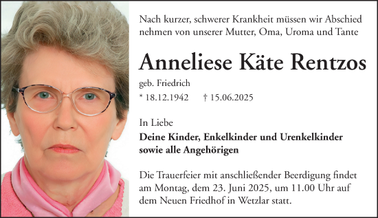 Traueranzeige von Anneliese Käte Rentzos von Wetzlarer Neue Zeitung