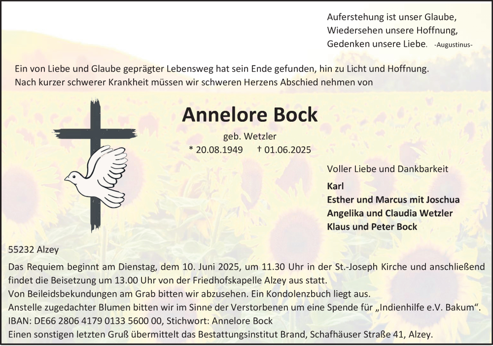  Traueranzeige für Annelore Bock vom 06.06.2025 aus Allgemeine Zeitung Alzey