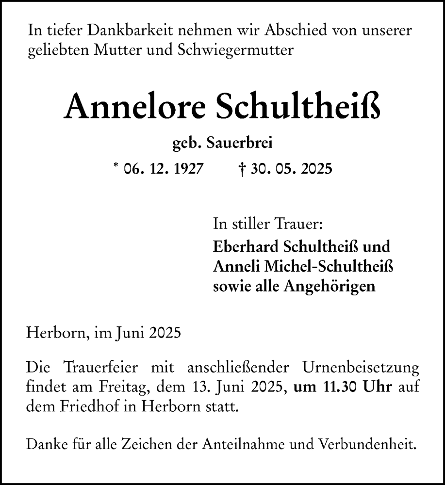  Traueranzeige für Annelore Schultheiß vom 10.06.2025 aus Dill Block