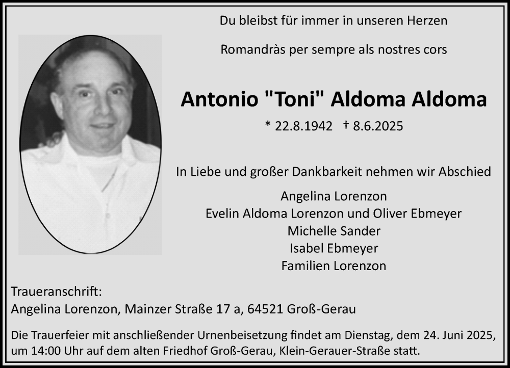  Traueranzeige für Antonio Aldoma vom 14.06.2025 aus Rüsselsheimer Echo