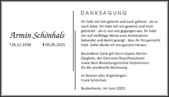 Traueranzeige von Armin Schönhals von Allgemeine Zeitung Mainz