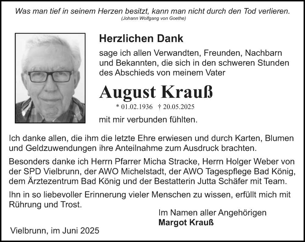  Traueranzeige für August Krauß vom 07.06.2025 aus Odenwälder Echo