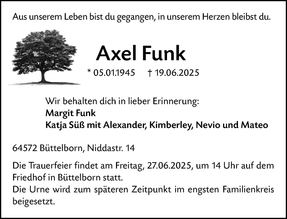  Traueranzeige für Axel Funk vom 25.06.2025 aus Groß-Gerauer Echo
