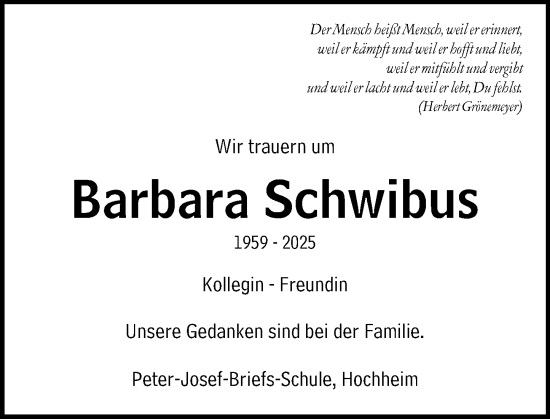 Traueranzeige von Barbara Schwibus von Hochheimer Zeitung