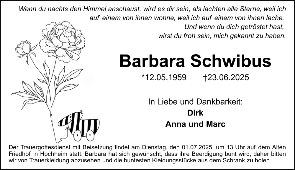  Traueranzeige für Barbara Schwibus vom 27.06.2025 aus Hochheimer Zeitung