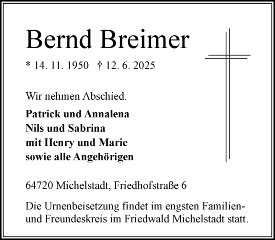 Traueranzeige von Bernd Breimer von Odenwälder Echo