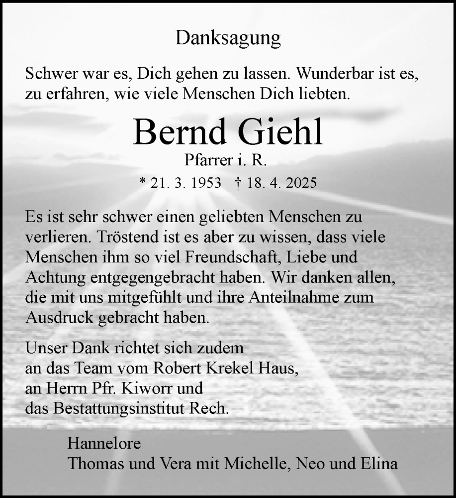  Traueranzeige für Bernd Giehl vom 14.06.2025 aus Wiesbadener Kurier