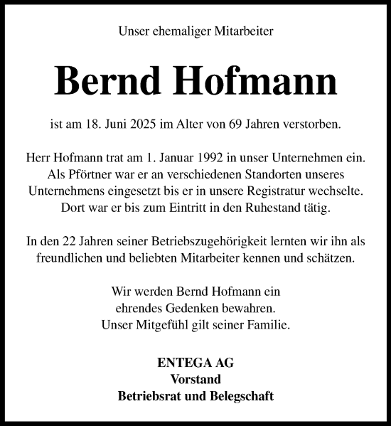 Traueranzeige von Bernd Hofmann von Odenwälder Echo