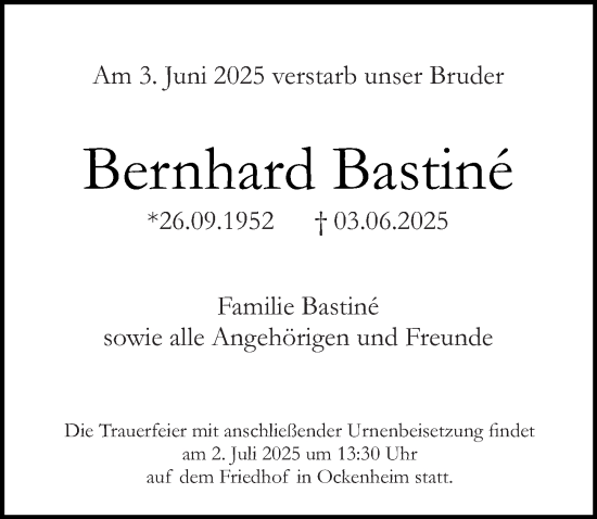 Traueranzeige von Bernhard Bastiné von Allgemeine Zeitung Rheinhessen-Nahe