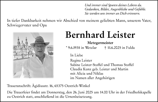 Traueranzeige von Bernhard Leister von Wetzlarer Neue Zeitung