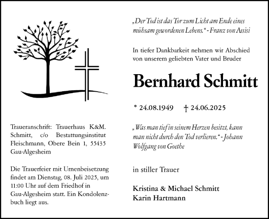 Traueranzeige von Bernhard Schmitt von Allgemeine Zeitung Mainz
