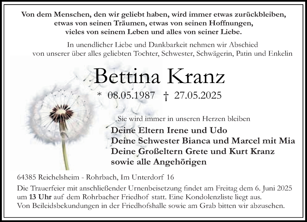  Traueranzeige für Bettina Kranz vom 04.06.2025 aus Odenwälder Echo