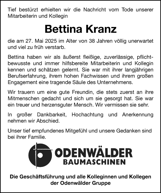 Traueranzeige von Bettina Kranz von Odenwälder Echo