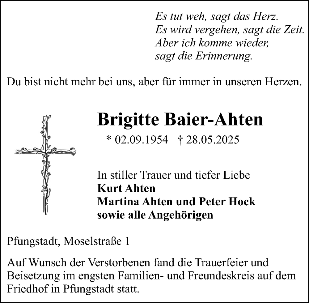  Traueranzeige für Brigitte Baier-Ahten vom 07.06.2025 aus Darmstädter Echo