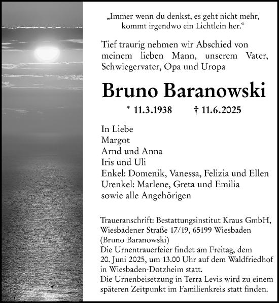 Traueranzeige von Bruno Baranowski von Wiesbadener Kurier
