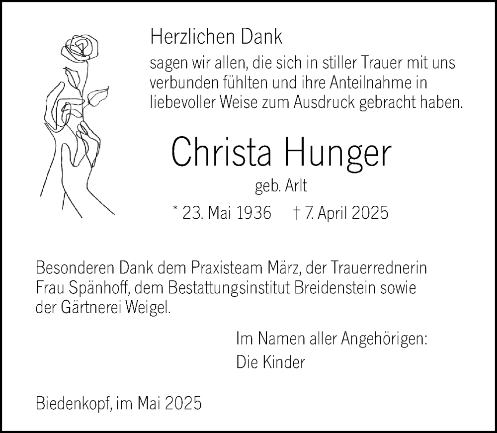  Traueranzeige für Christa Hunger vom 03.06.2025 aus Hinterländer Anzeiger