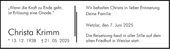 Traueranzeige von Christa Krimm von Wetzlarer Neue Zeitung