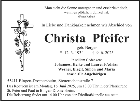 Traueranzeige von Christa Pfeifer von Allgemeine Zeitung Rheinhessen-Nahe