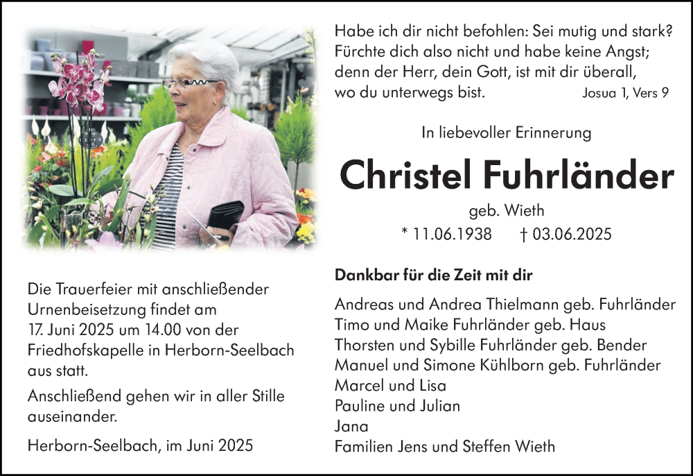  Traueranzeige für Christel Fuhrländer vom 14.06.2025 aus Dill Block