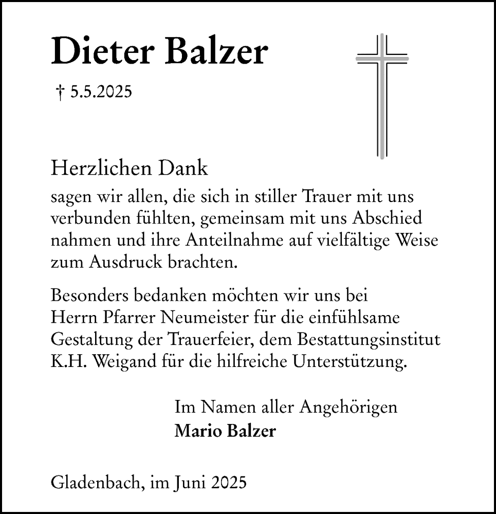  Traueranzeige für Dieter Balzer vom 07.06.2025 aus Hinterländer Anzeiger