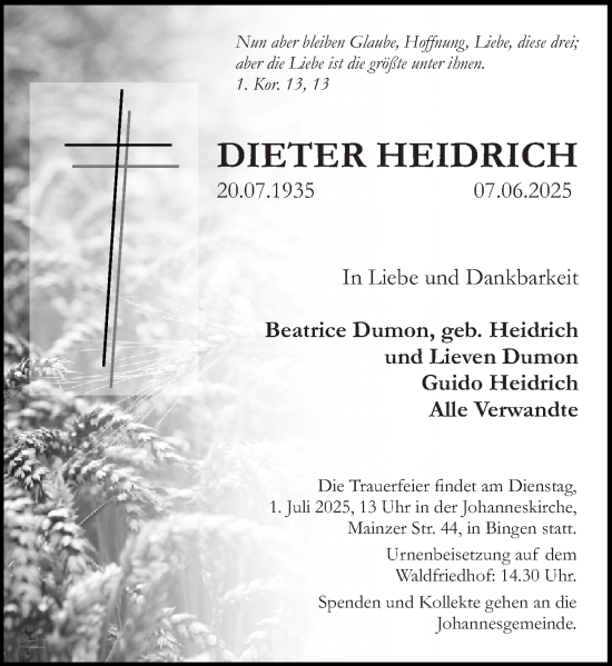 Traueranzeige von Dieter Heidrich von Allgemeine Zeitung Rheinhessen-Nahe