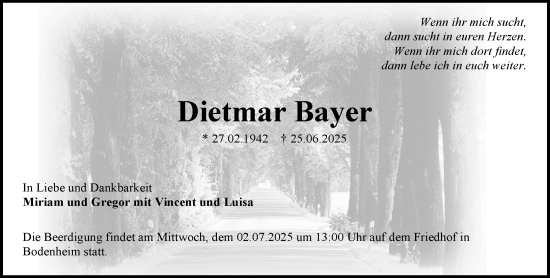 Traueranzeige von Dietmar Bayer von Allgemeine Zeitung Mainz