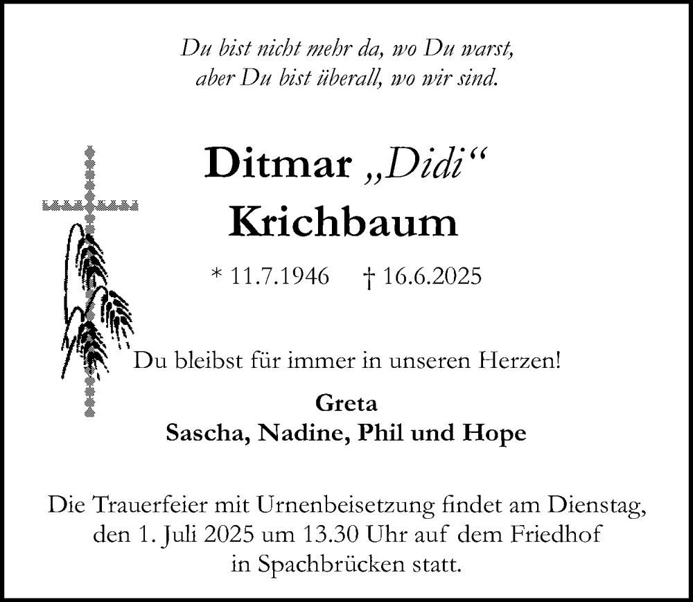  Traueranzeige für Ditmar Krichbaum vom 28.06.2025 aus Darmstädter Echo