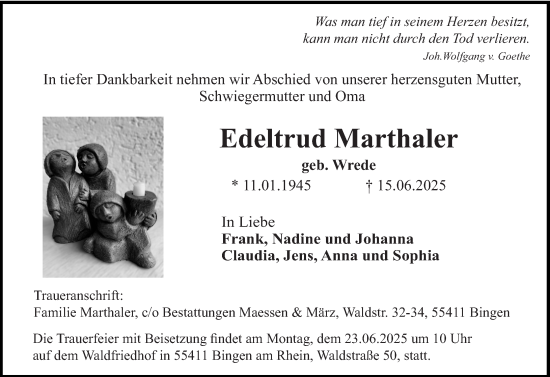 Traueranzeige von Edeltrud Marthaler von Allgemeine Zeitung Rheinhessen-Nahe