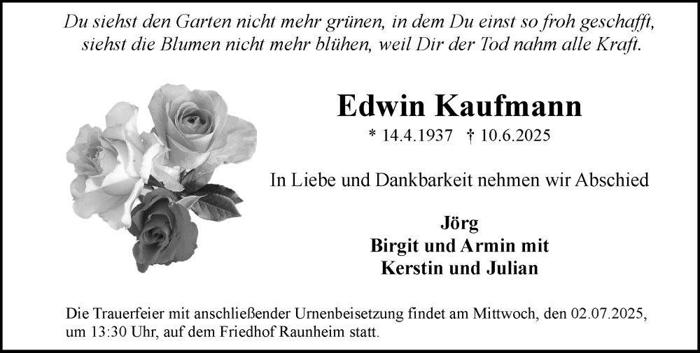  Traueranzeige für Edwin Kaufmann vom 14.06.2025 aus Rüsselsheimer Echo