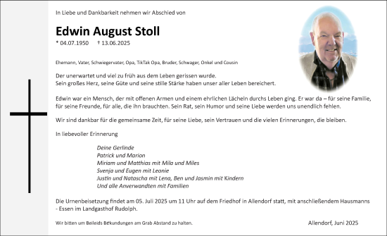 Traueranzeige von Edwin August Stoll von Weilburger Tageblatt