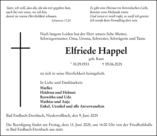Traueranzeige von Elfriede Happel von Hinterländer Anzeiger