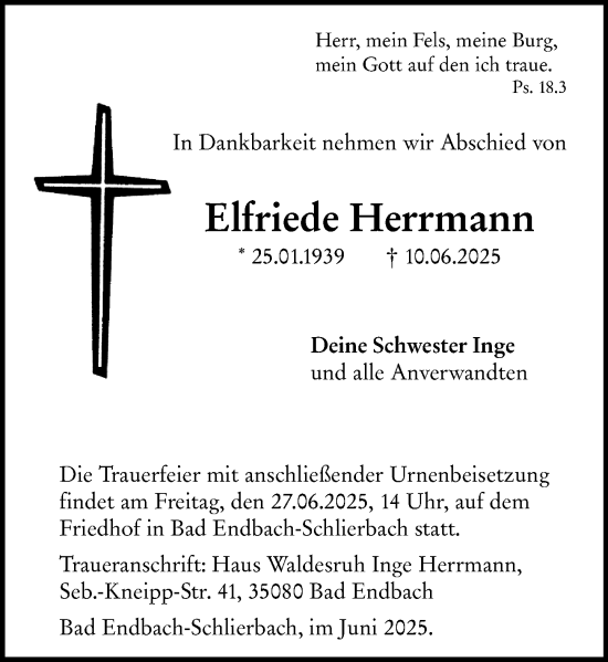 Traueranzeige von Elfriede Herrmann von Hinterländer Anzeiger