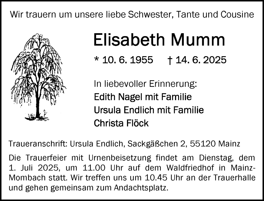  Traueranzeige für Elisabeth Mumm vom 21.06.2025 aus Allgemeine Zeitung Mainz