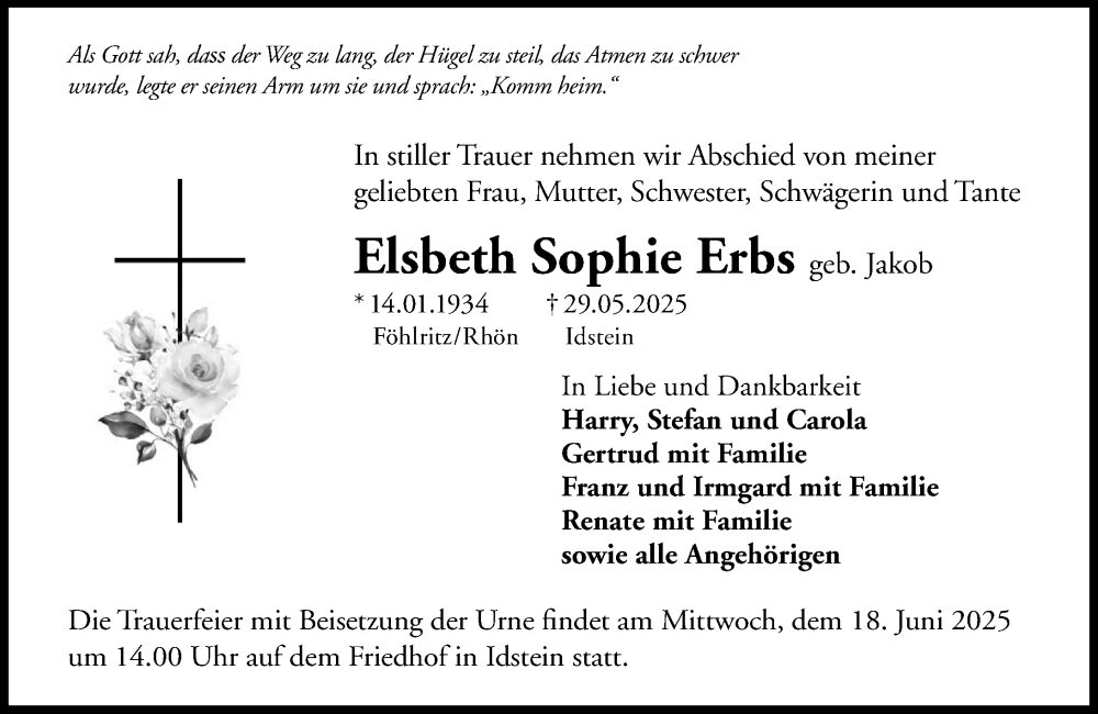  Traueranzeige für Elsbeth Sophie Erbs vom 14.06.2025 aus Idsteiner Land/Untertaunus