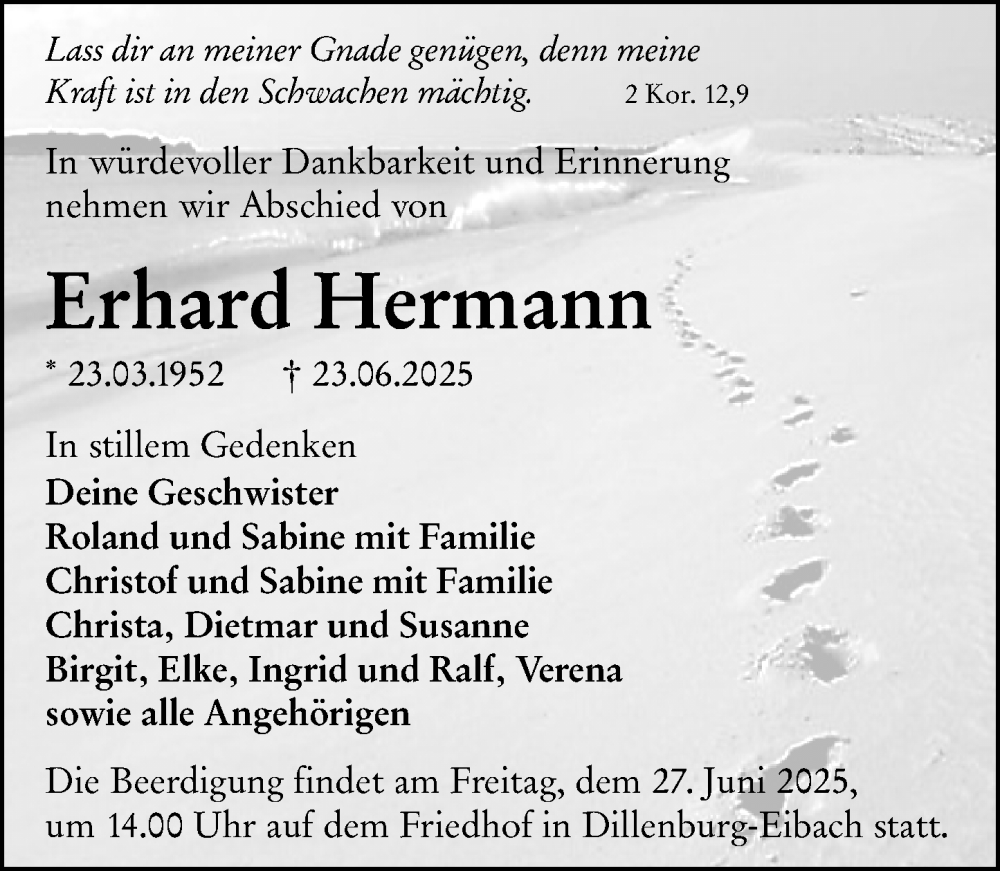 Traueranzeige für Erhard Hermann vom 25.06.2025 aus Dill Block