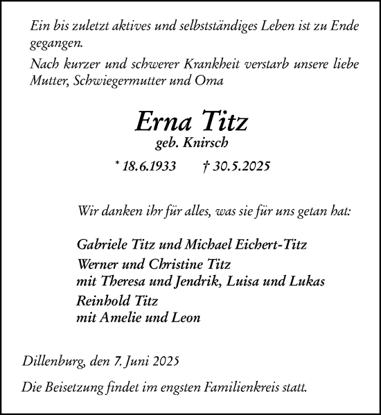 Traueranzeige von Erna Titz von Dill Block