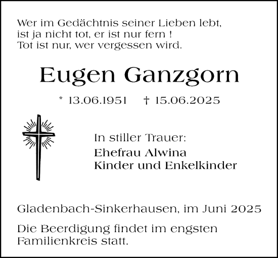 Traueranzeige von Eugen Ganzgorn von Hinterländer Anzeiger