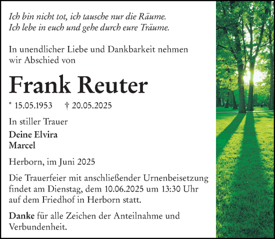 Traueranzeige von Frank Reuter von Dill Block