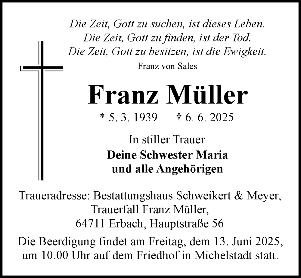  Traueranzeige für Franz Müller vom 11.06.2025 aus Odenwälder Echo