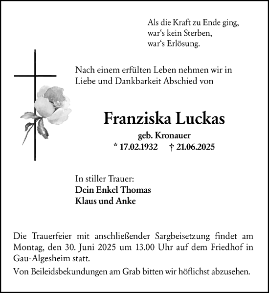 Traueranzeige von Franziska Luckas von Allgemeine Zeitung Rheinhessen-Nahe