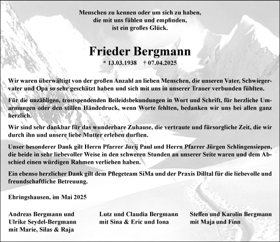Traueranzeige von Frieder Bergmann von Wetzlarer Neue Zeitung