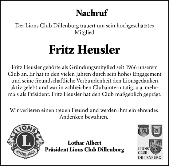 Traueranzeige von Fritz Heusler von Dill Block
