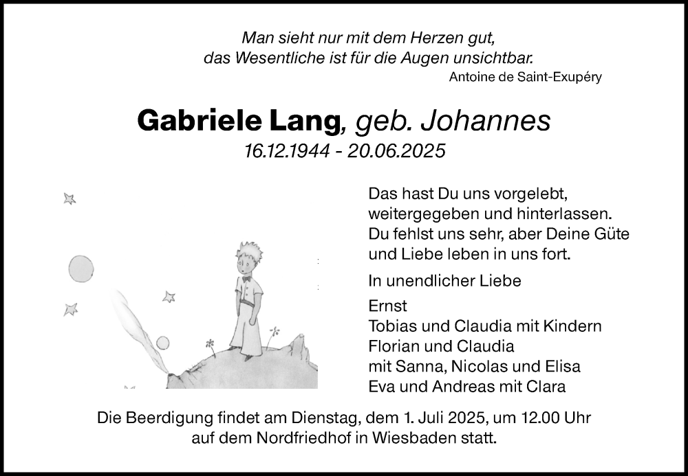  Traueranzeige für Gabriele Lang vom 28.06.2025 aus Wiesbadener Kurier