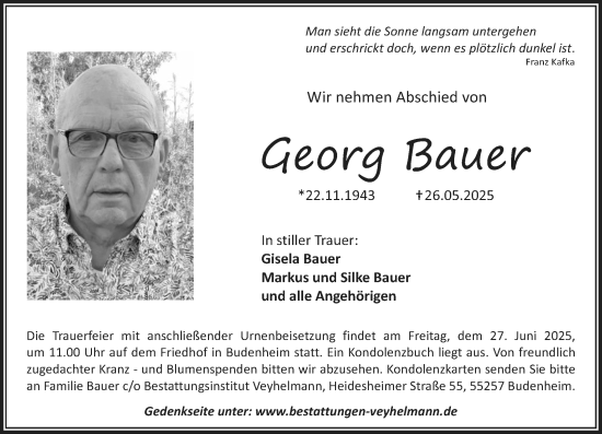 Traueranzeige von Georg Bauer von Allgemeine Zeitung Rheinhessen-Nahe