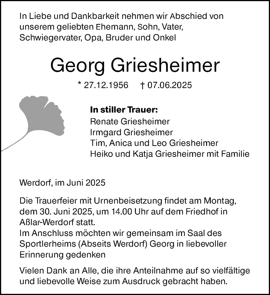  Traueranzeige für Georg Griesheimer vom 21.06.2025 aus Wetzlarer Neue Zeitung