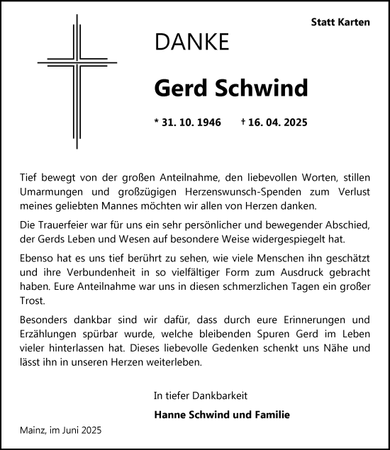 Traueranzeige von Gerd Schwind von Allgemeine Zeitung Mainz