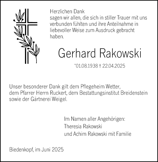 Traueranzeige von Gerhard Rakowski von Hinterländer Anzeiger