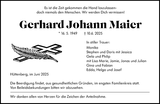 Traueranzeige von Gerhard Johann Maier von Wetzlarer Neue Zeitung